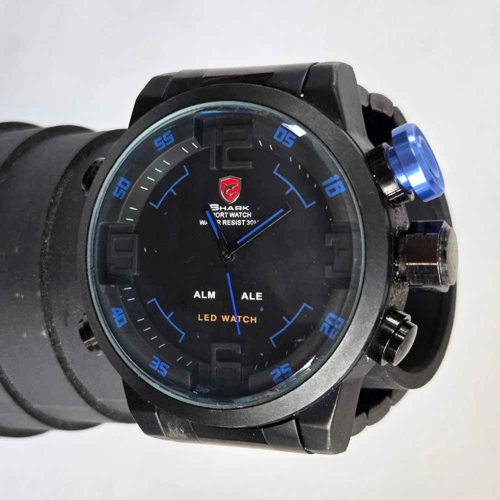 Shark Sport Watch Mens Black Dual Display Analog Digital Blue Crown 5.5in Tested